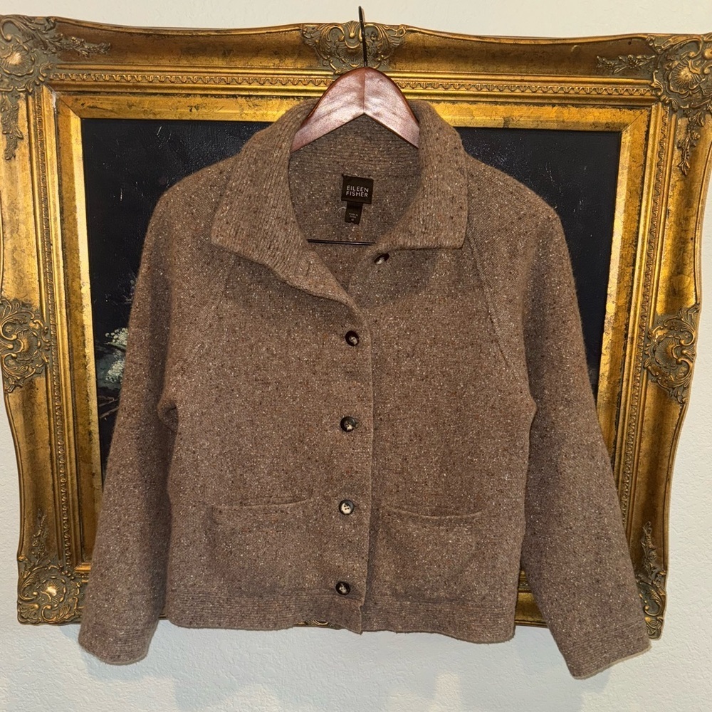 Eileen Fisher Brown Button Front Lambswool / Silk Cardigan with Pockets Size M